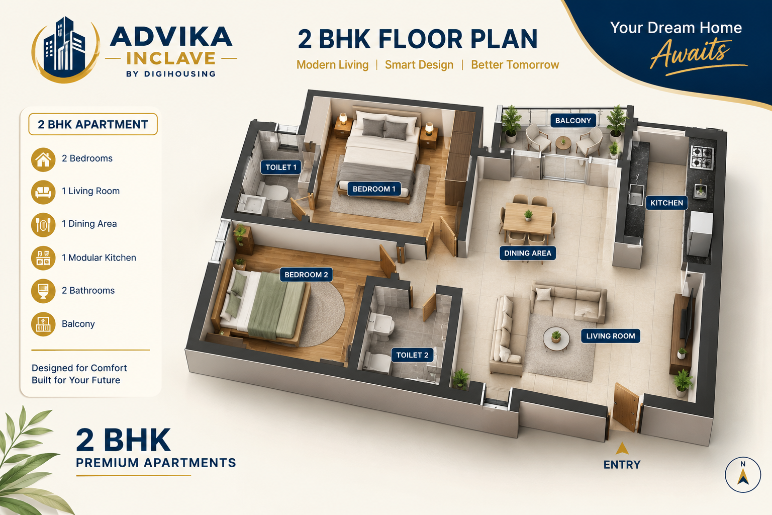 Morden 2 BHK Floor Plan